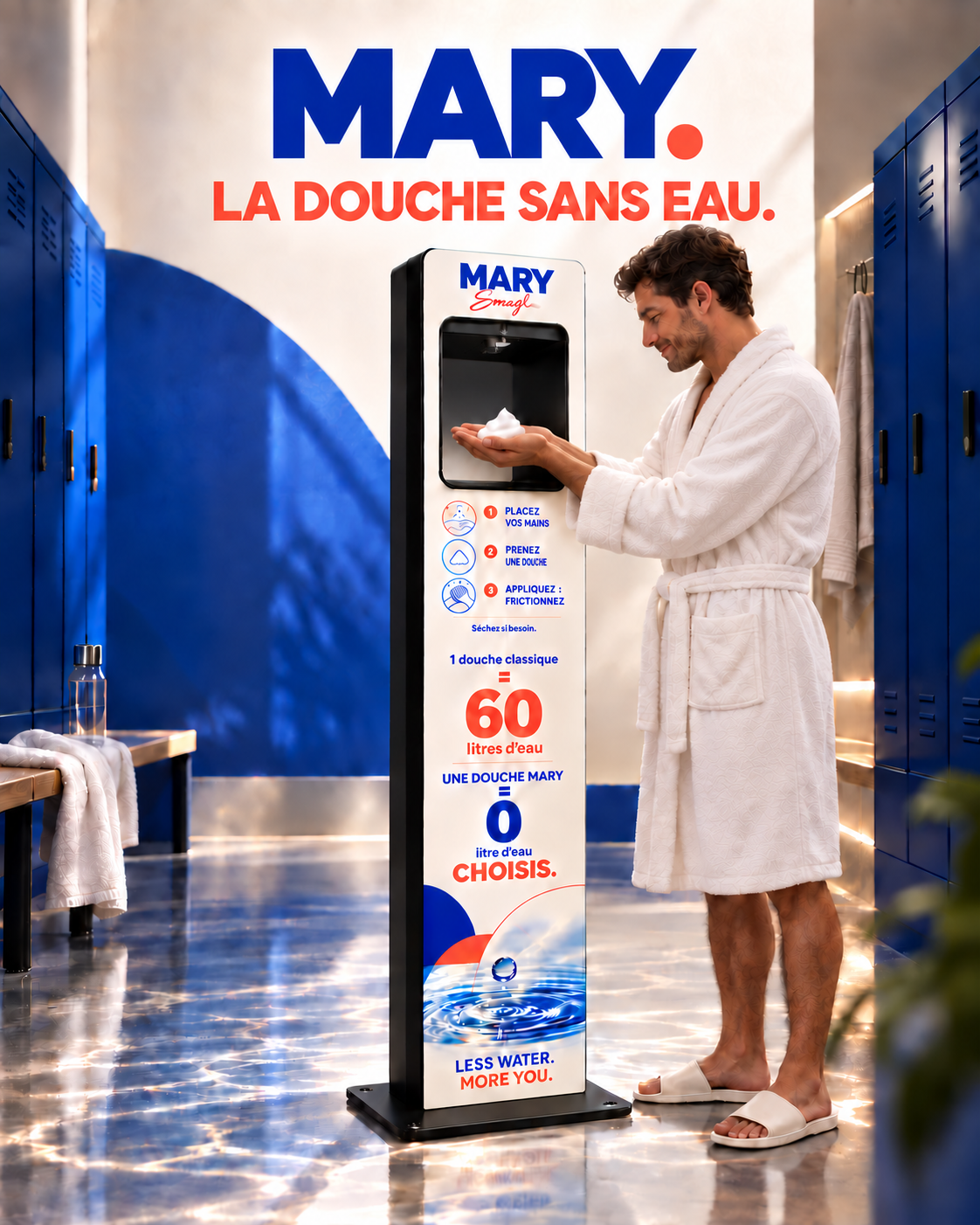 Affiche MARY, la douche sans eau : un homme en peignoir prend une dose de mousse à la borne MARY dans un vestiaire